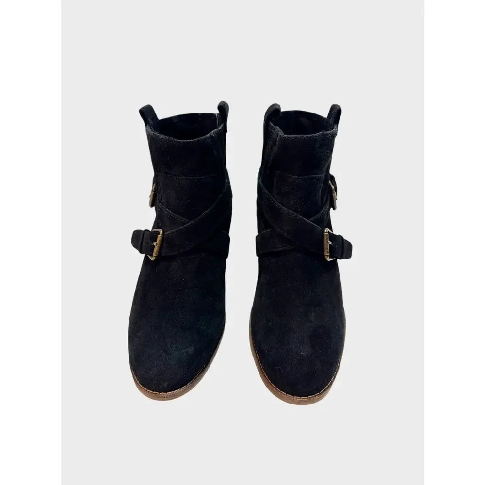 Cole Haan Grand.OS Black Suede Moto Ankle Booties Buckle Strap 2” Heel Women’s 6
